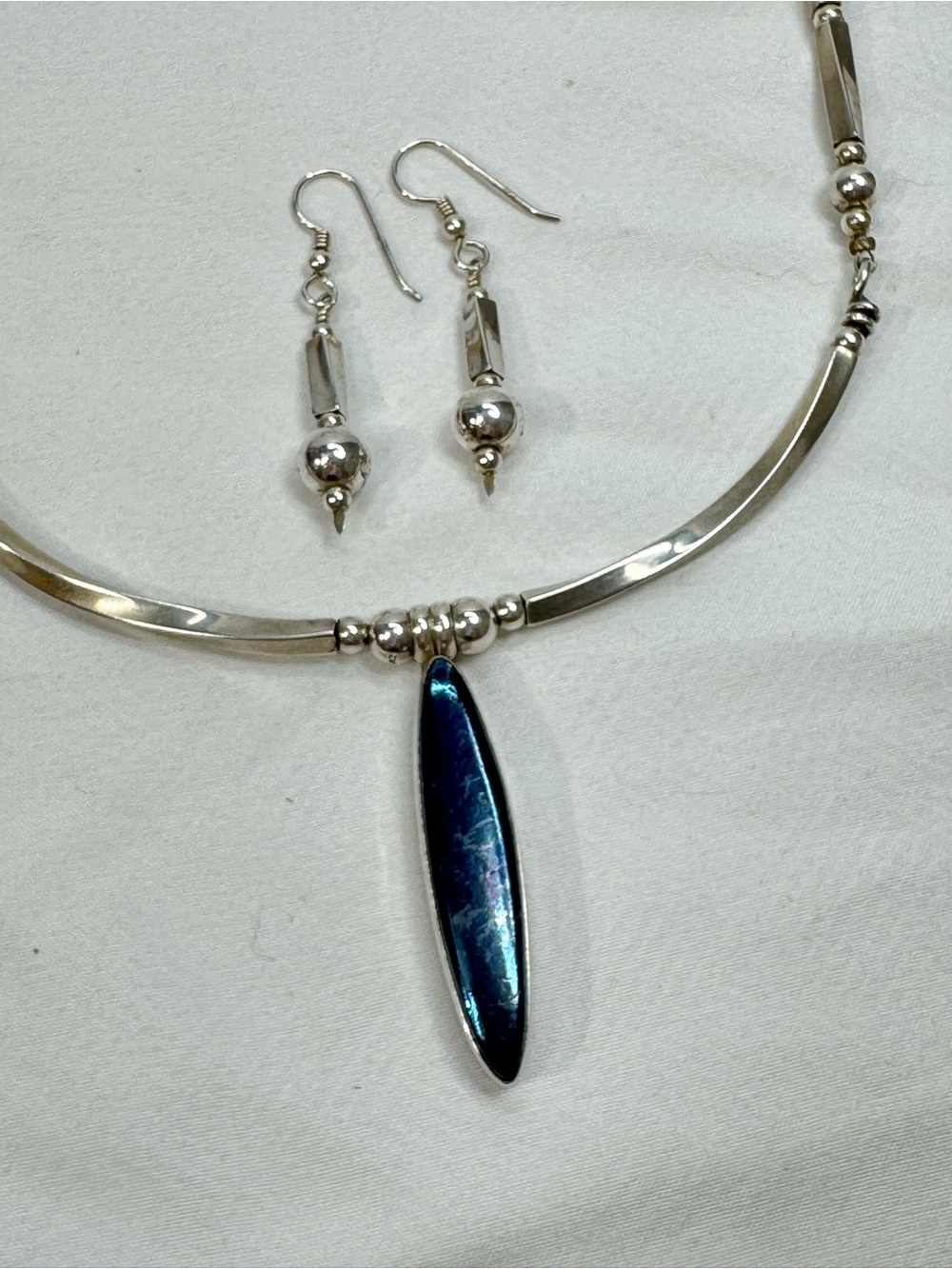 Blue Covellite Silver Necklace Earrings Handmade Artisan Vintage Unique Jewelry